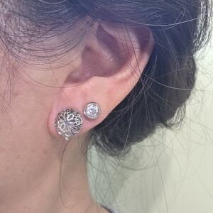 vintage silver toned button stud domed filigree clip on screw back earrings